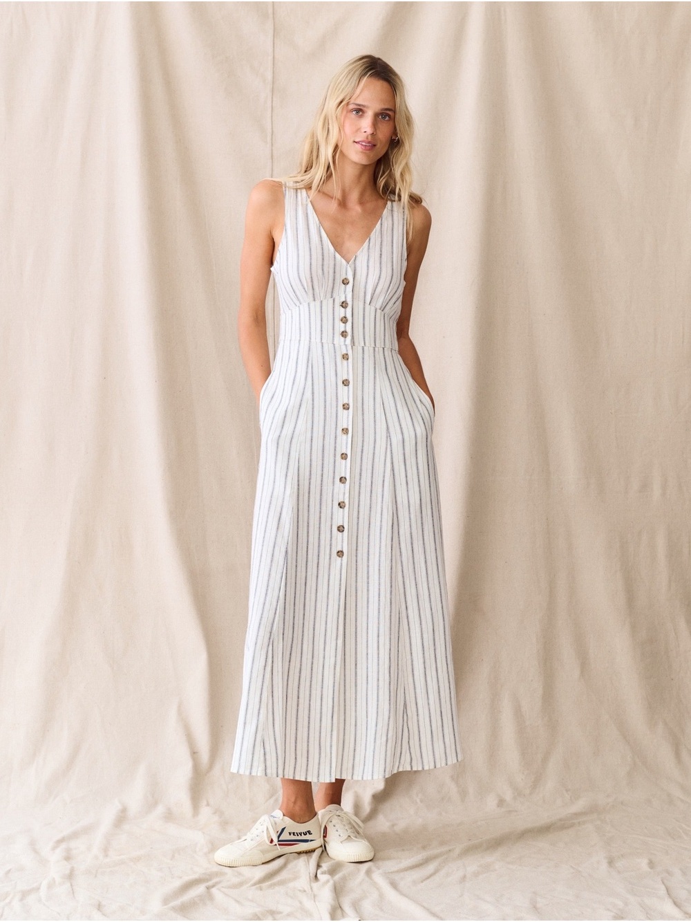Marine Layer Camila Cream Navy Stripe Hemp Maxi Dress M